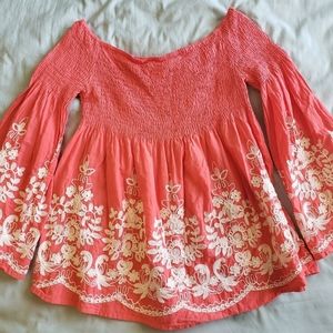 Flying Tomato Embroidered Off the Shoulder Boho Top in Coral with Bell Sleeve M